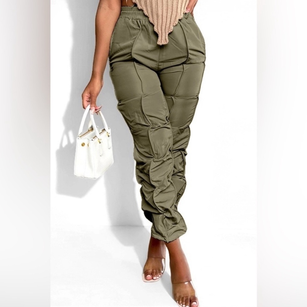 Olive Ruched Detail Trousers with Elegant Fit